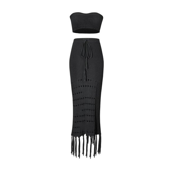 Micas Dresses & Skirts - Micas Women's Size Medium Black Knit Skirt Set Cover Up 2 Piece Fringe Hem NWT